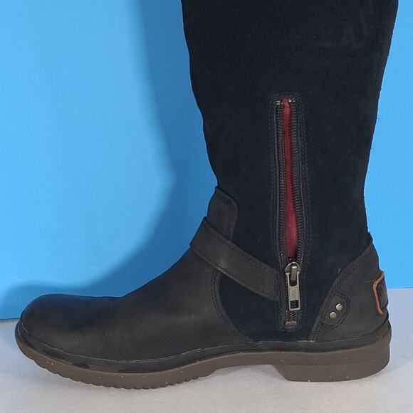 UGG Womens Thomsen sz 7/8 Black Tall Boots Moto Waterproof Suede Leather - Picture 6 of 14